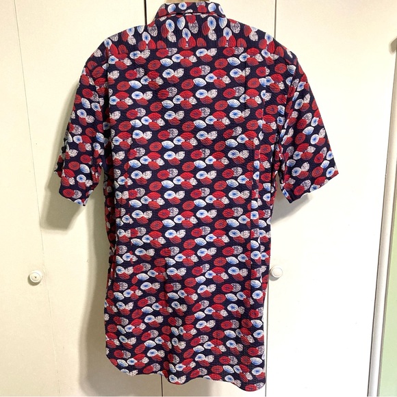 SAKS 5th Avenue Seersucker Short Sleeve Umbrella Design Button Shirt Men' Large - Picture 5 of 14